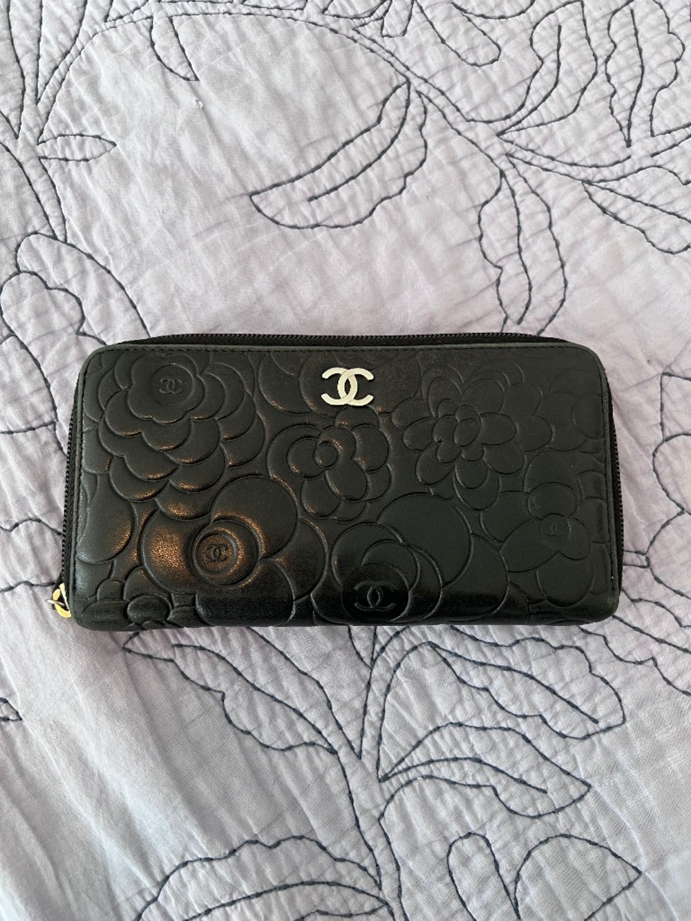 CHANEL Camellia Embossed Lambskin Zip Around Wallet Black Silver